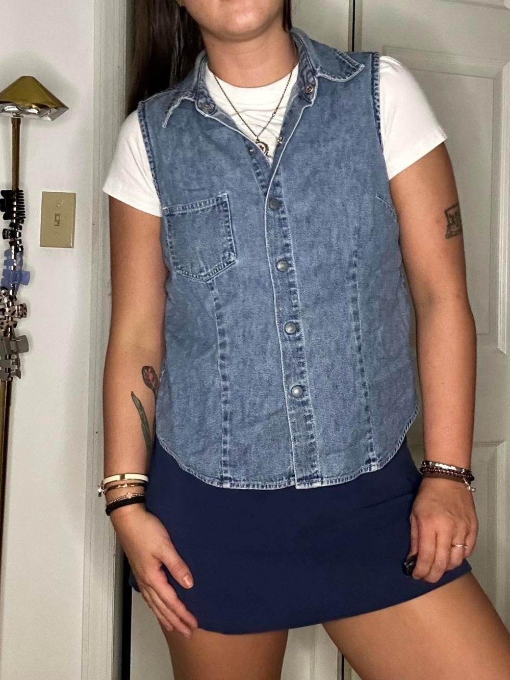 Women’s Light Blue Denim Button-Up Sleeveless Shirt Vest